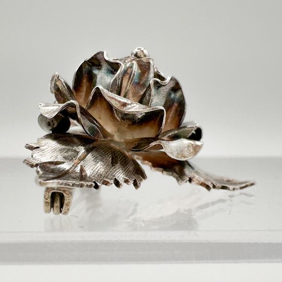 Taxco Mexico Silver Rose Brooch | 980 Floral Elegant Pin | Signed TB-51 - Picture 9 of 12